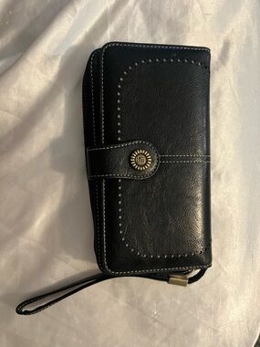 Black Wristlet Wallet with Decorative Brass Accent